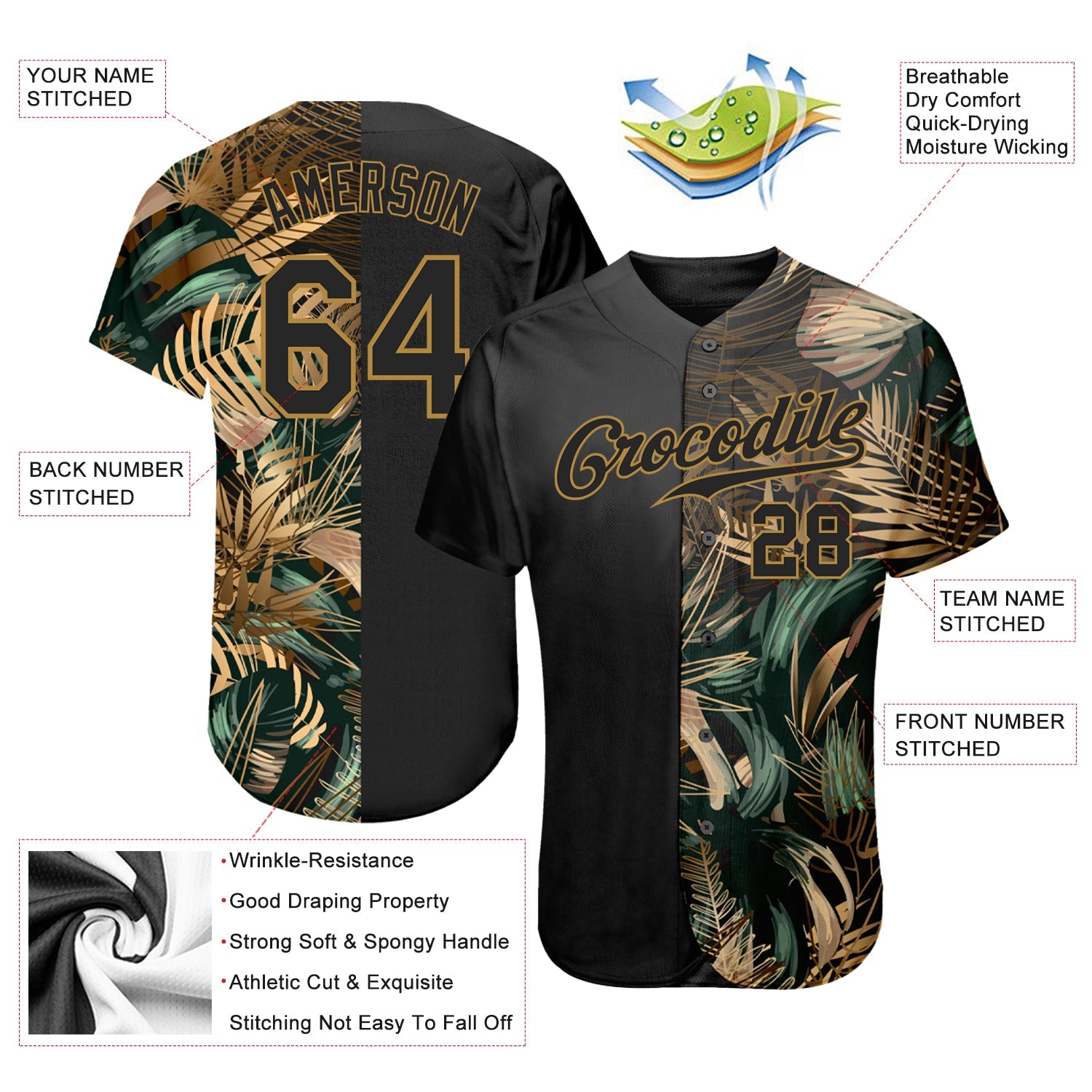 Custom 3D Pattern Design Golden And Green Tropical Leaves In The Style Of Jungle And Hawaii Authentic Baseball Jersey view 3