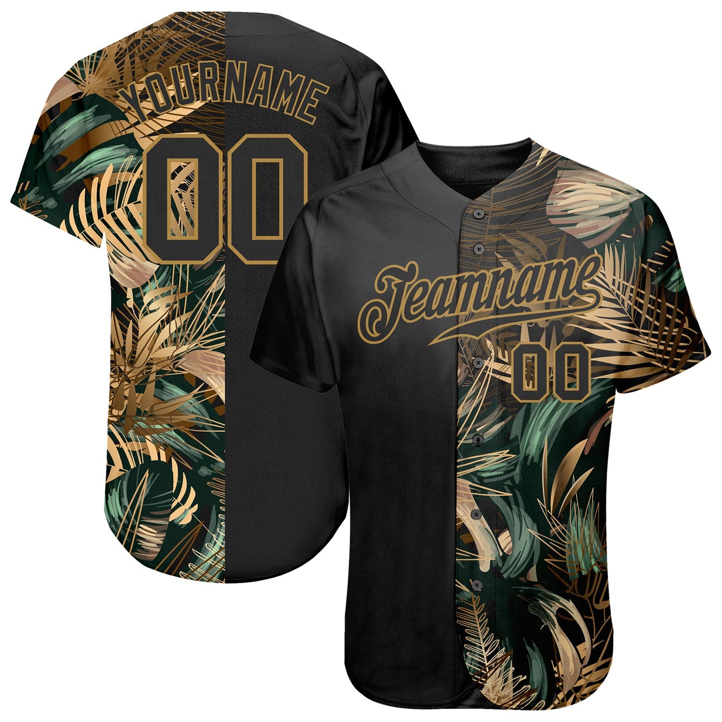 Custom 3D Pattern Design Golden And Green Tropical Leaves In The Style Of Jungle And Hawaii Authentic Baseball Jersey - Main View