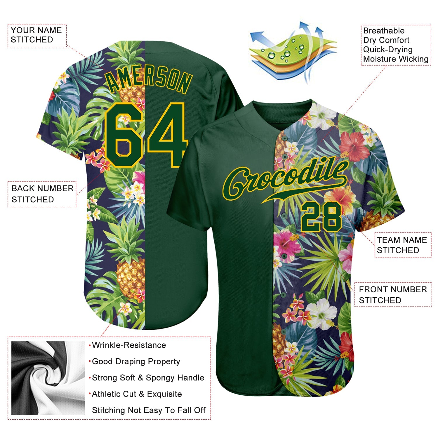Custom 3D Pattern Design Tropical Pattern With Pineapples Palm Leaves And Flowers Authentic Baseball Jersey view 3