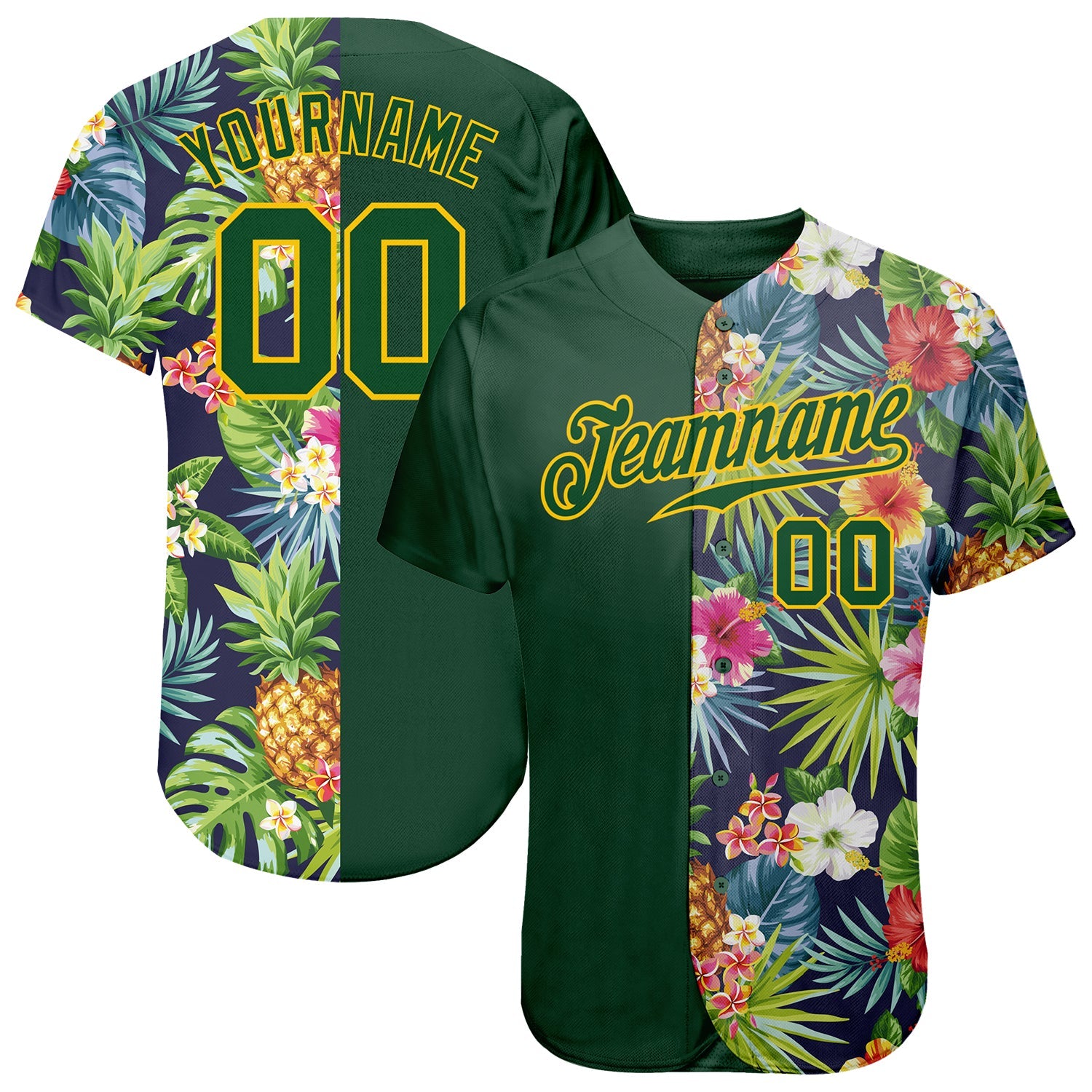 Custom 3D Pattern Design Tropical Pattern With Pineapples Palm Leaves And Flowers Authentic Baseball Jersey - Main View