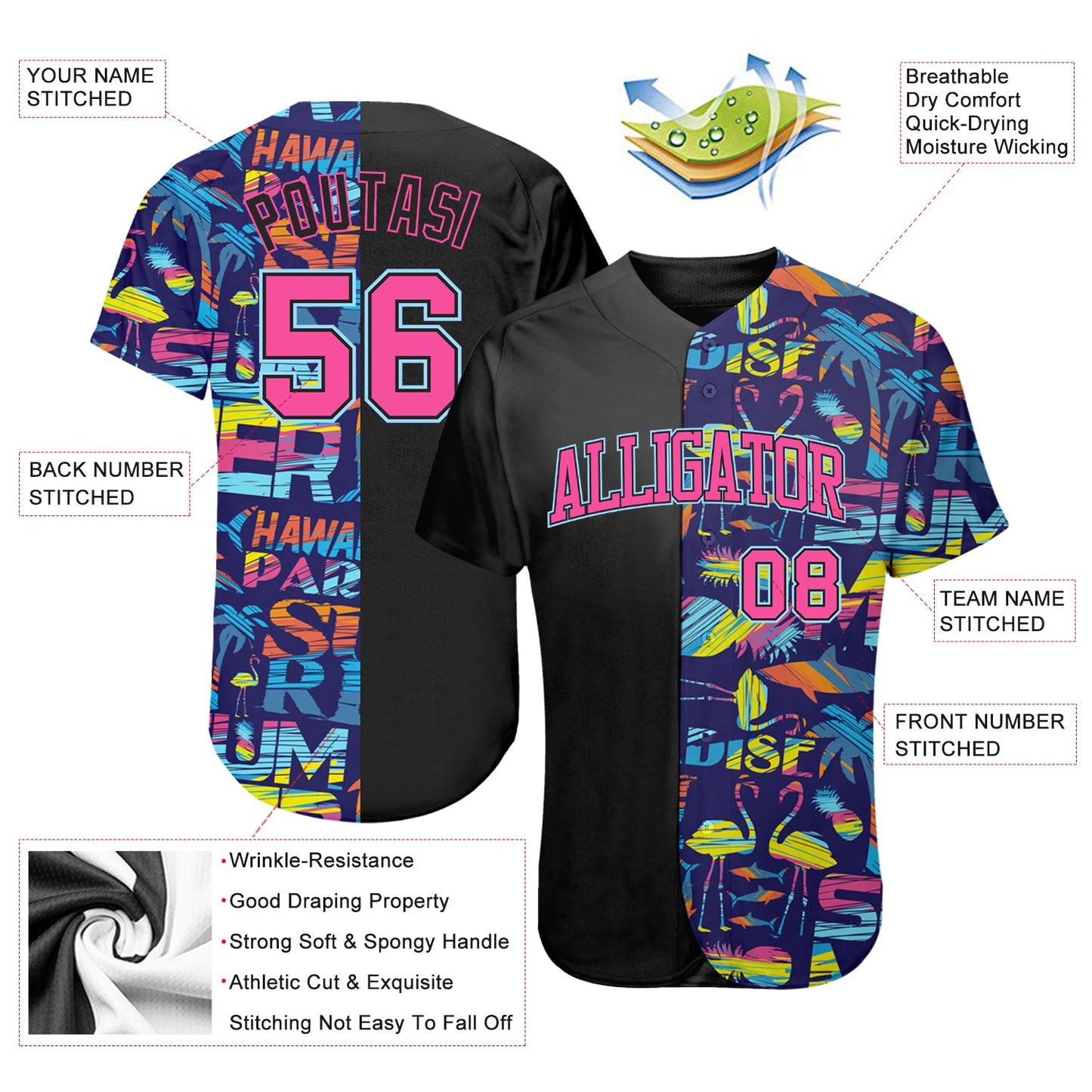 Custom 3D Pattern Design Abstract Geometric Pattern With Palm Trees Sharks Flamingo With The Words:Summer Hawaii Authentic Baseball Jersey view 3