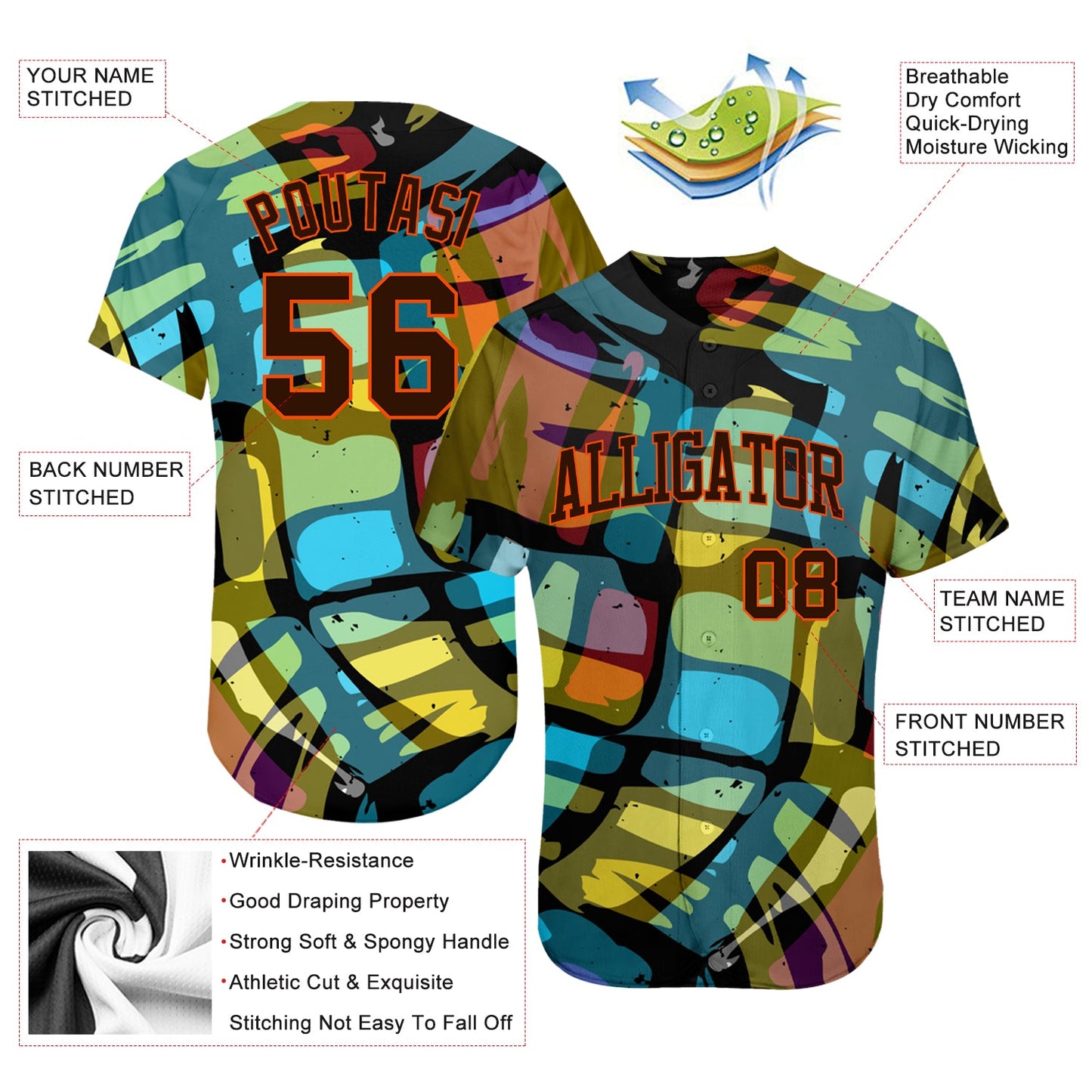 Custom 3D Pattern Design Abstract Graffiti Authentic Baseball Jersey view 3