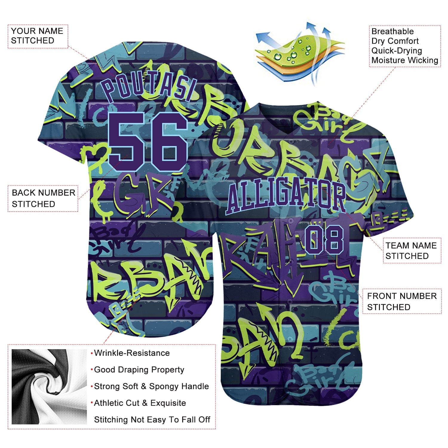 Custom 3D Pattern Design Abstract Graffiti Authentic Baseball Jersey view 3