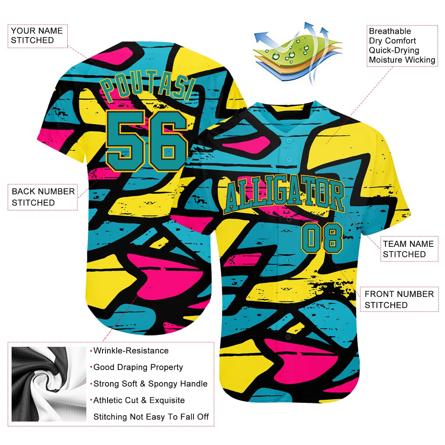 Custom 3D Pattern Design Abstract Graffiti Authentic Baseball Jersey view 3