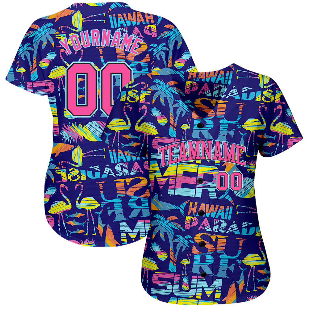 Custom 3D Pattern Design Abstract Geometric Pattern With Palm Trees Sharks Flamingo With The Words:Summer Hawaii Authentic Baseball Jersey view 2