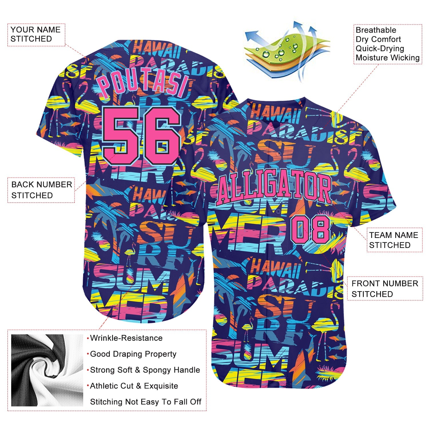 Custom 3D Pattern Design Abstract Geometric Pattern With Palm Trees Sharks Flamingo With The Words:Summer Hawaii Authentic Baseball Jersey view 3