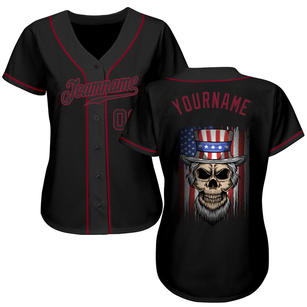 Custom 3D Pattern Design Skull Uncle Sam American Flag Authentic Baseball Jersey view 2