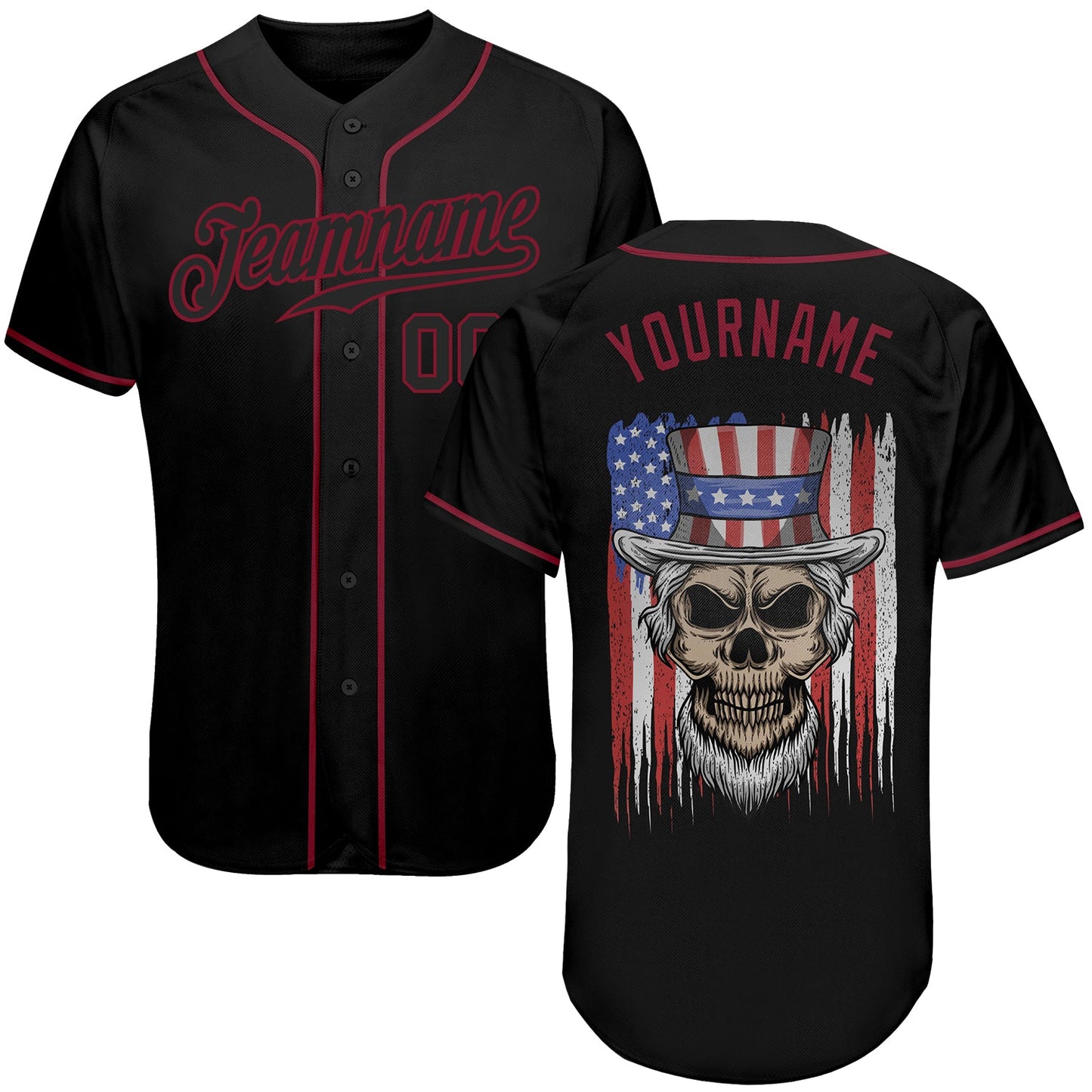 Custom 3D Pattern Design Skull Uncle Sam American Flag Authentic Baseball Jersey - Main View