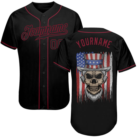 Custom 3D Pattern Design Skull Uncle Sam American Flag Authentic Baseball Jersey - Main View
