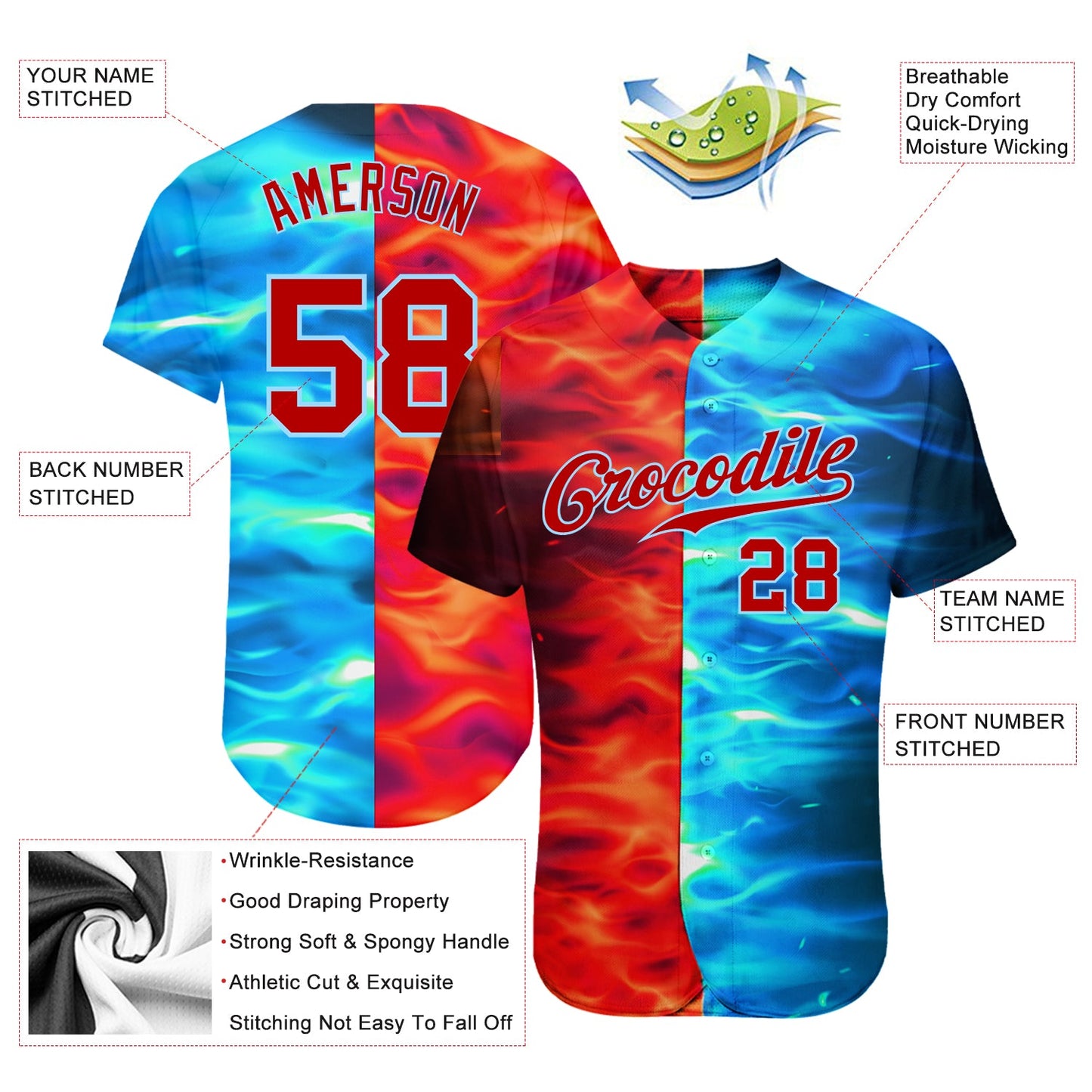 Custom 3D Pattern Design Flame Burning Red Hot Sparks BBQ Season Authentic Baseball Jersey view 3