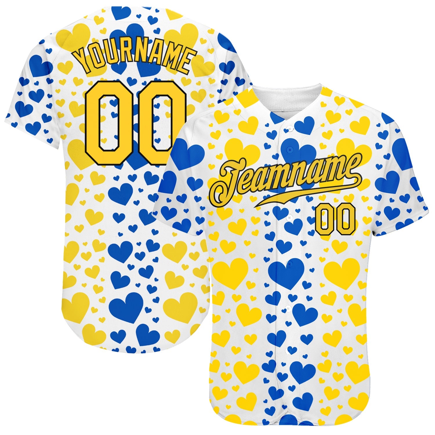 Custom 3D Pattern Design Hearts Painted In The Colors Of The Ukrainian Flag Authentic Baseball Jersey - Main View