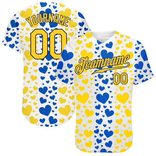 Custom 3D Pattern Design Hearts Painted In The Colors Of The Ukrainian Flag Authentic Baseball Jersey - Main View