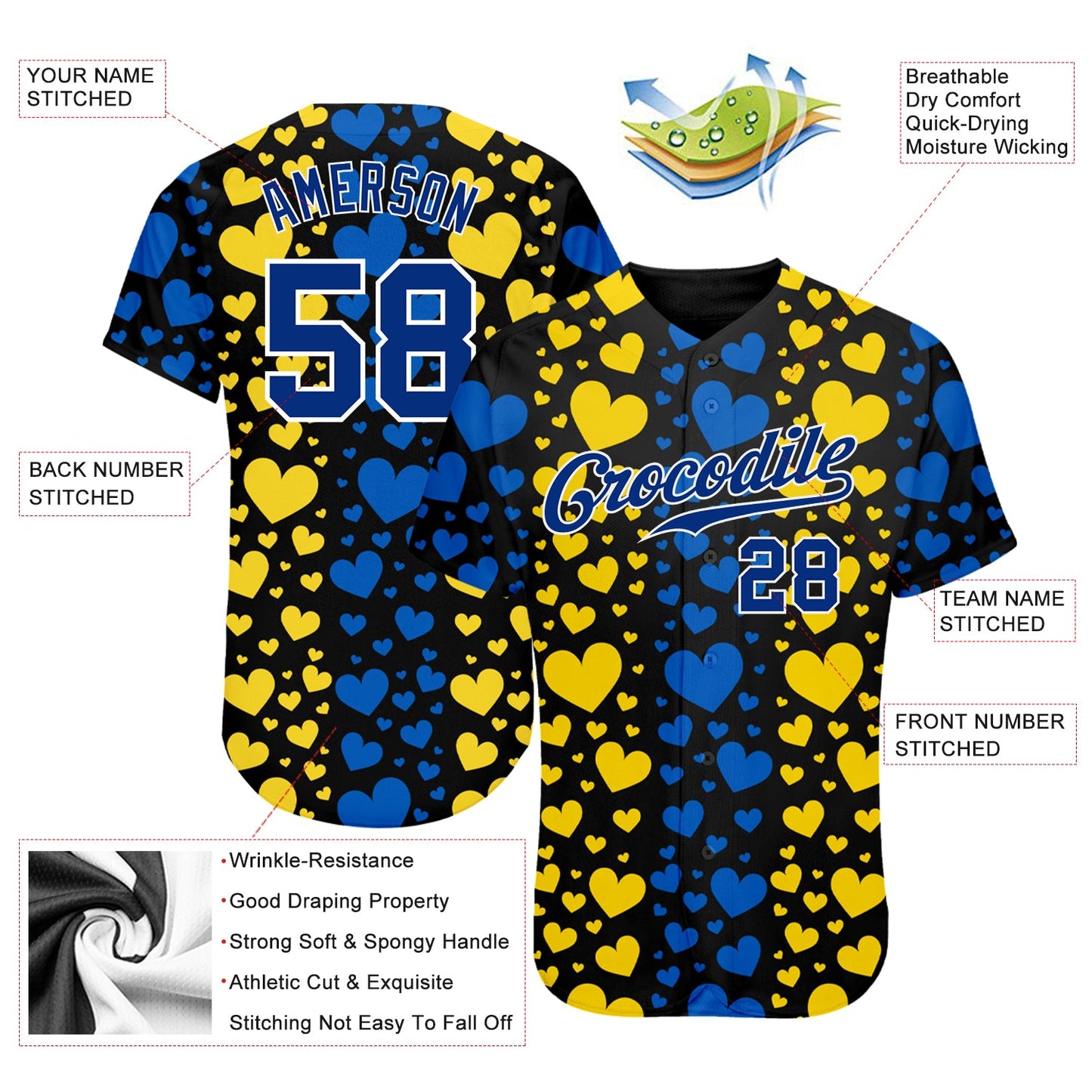Custom 3D Pattern Design Hearts Painted In The Colors Of The Ukrainian Flag Authentic Baseball Jersey view 3