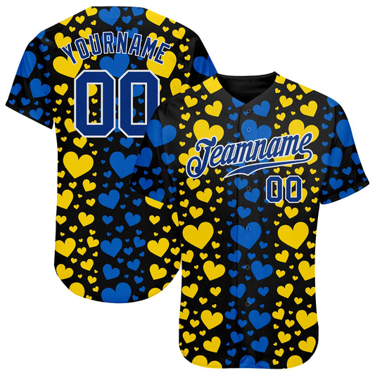 Custom 3D Pattern Design Hearts Painted In The Colors Of The Ukrainian Flag Authentic Baseball Jersey - Main View