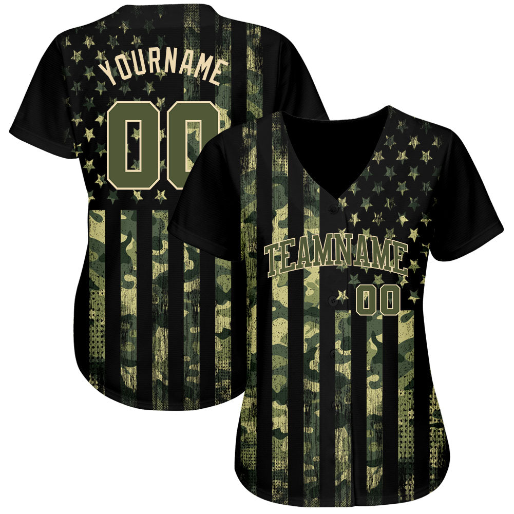 Custom Camo Olive-Cream 3D American Flag Authentic Salute To Service Baseball Jersey view 2