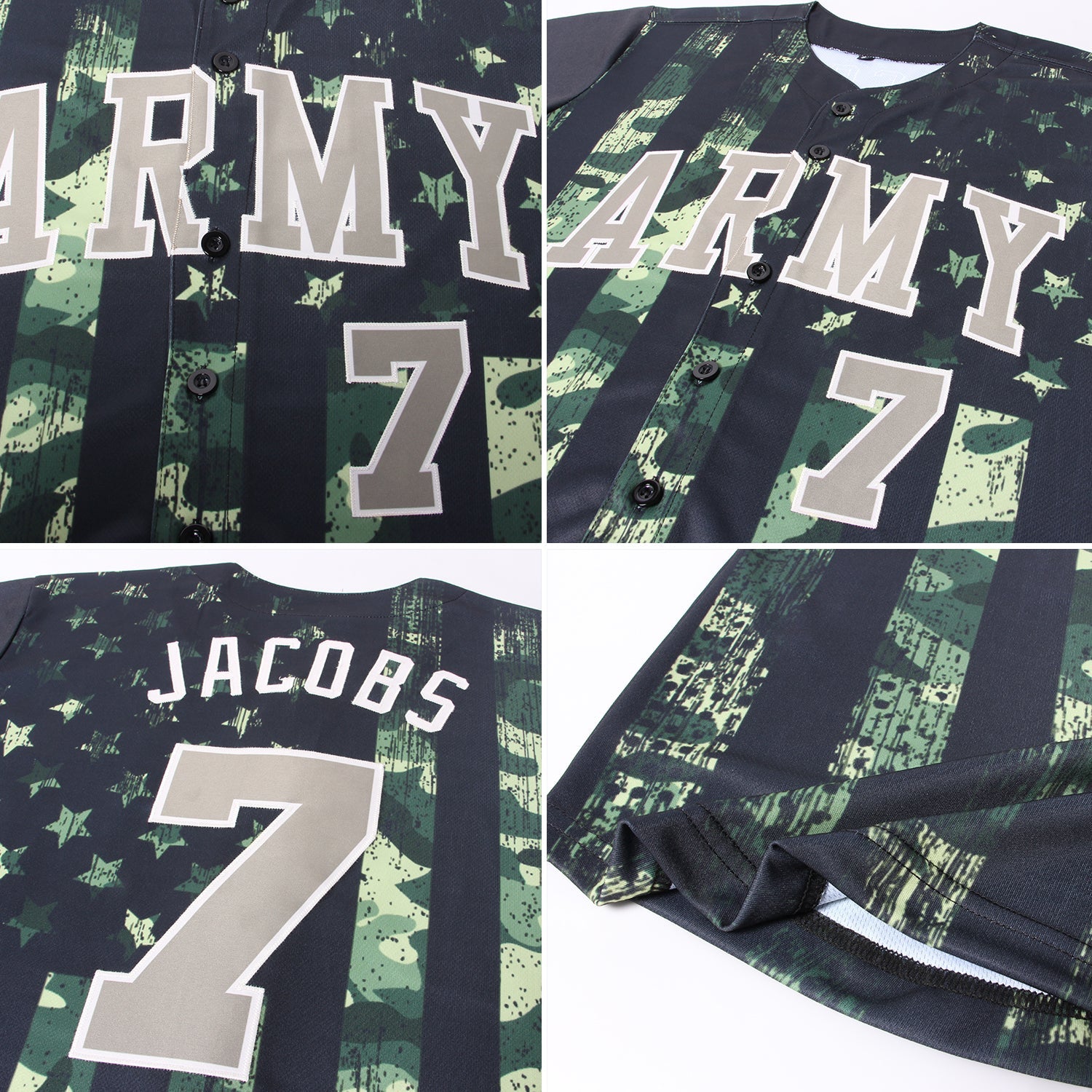 Custom Camo Olive-Cream 3D American Flag Authentic Salute To Service Baseball Jersey view 6