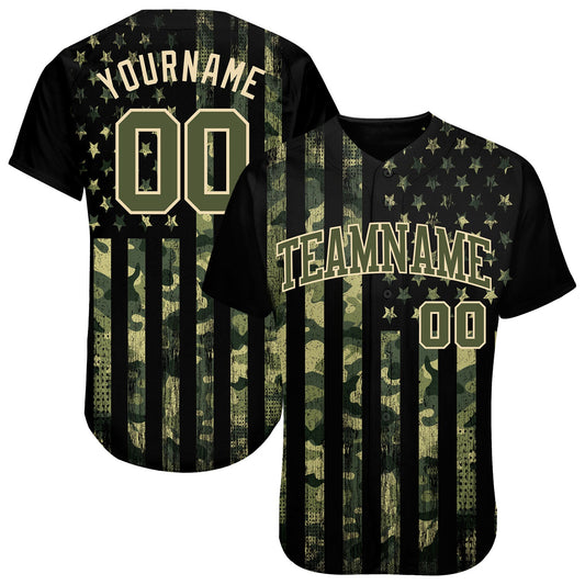 Custom Camo Olive-Cream 3D American Flag Authentic Salute To Service Baseball Jersey - Main View