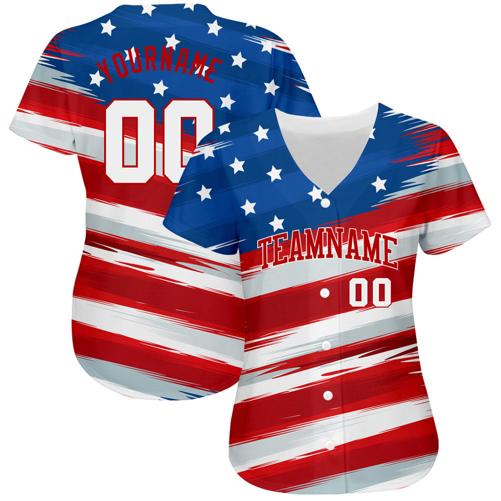 Custom Royal White-Red 3D American Flag Authentic Baseball Jersey view 2
