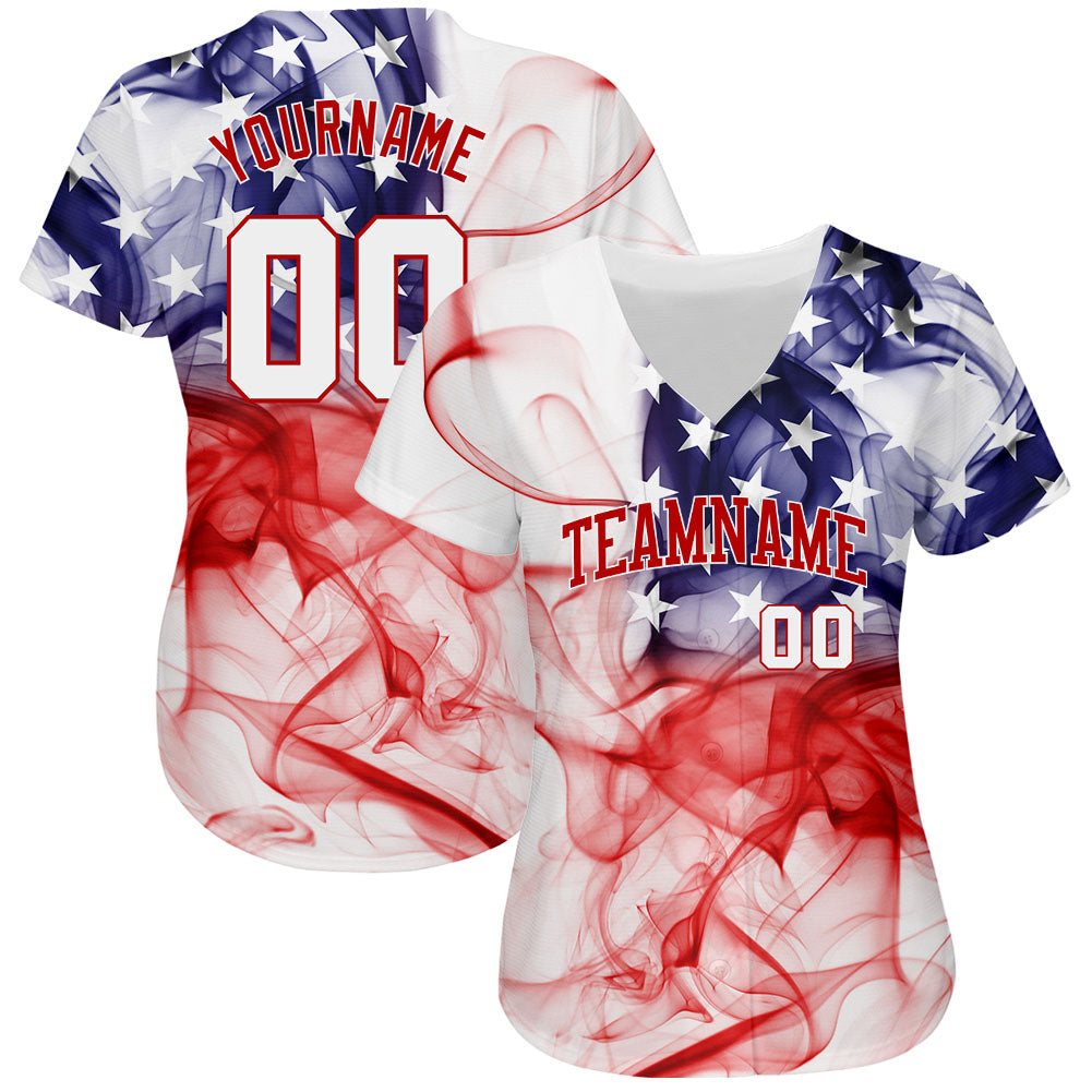 Custom White White-Red 3D American Flag Authentic Baseball Jersey view 2