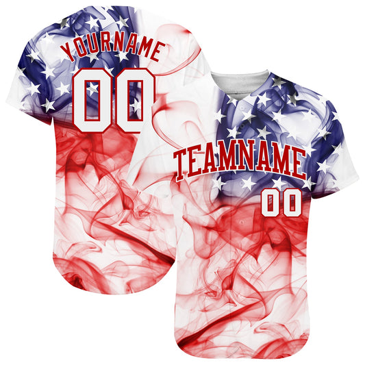 Custom White White-Red 3D American Flag Authentic Baseball Jersey - Main View