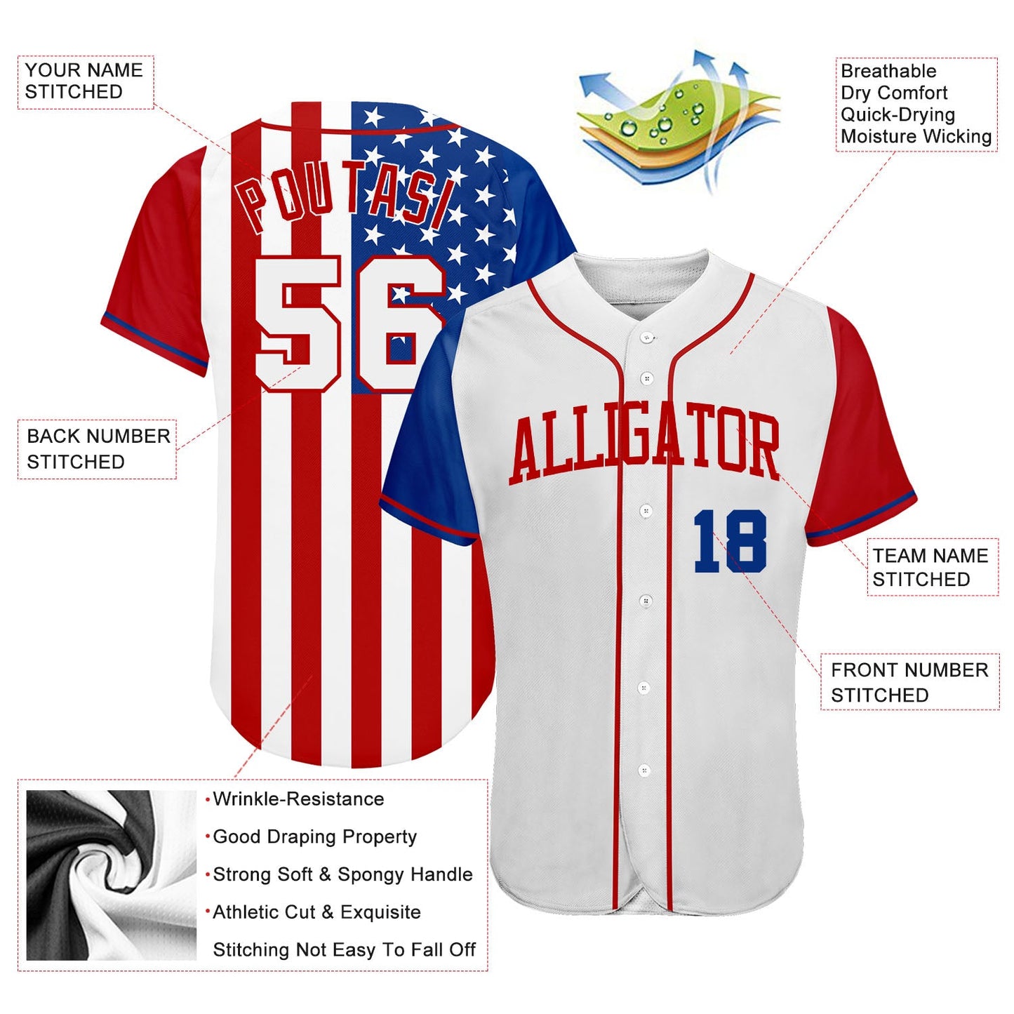 Custom White White-Red 3D American Flag Authentic Baseball Jersey view 3