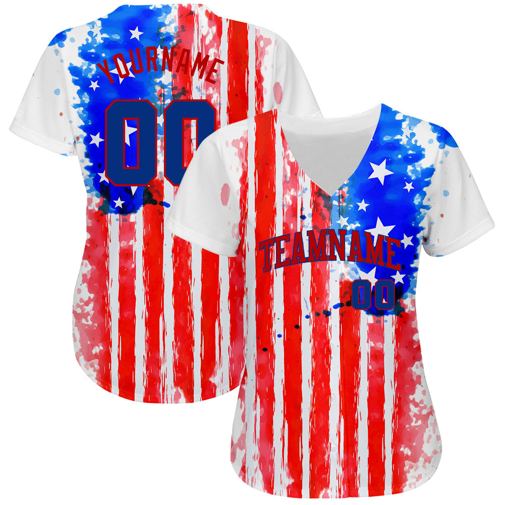 Custom White Royal-Red 3D American Flag Authentic Baseball Jersey view 2