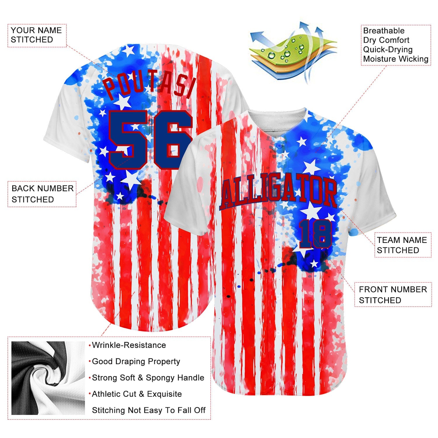 Custom White Royal-Red 3D American Flag Authentic Baseball Jersey view 3