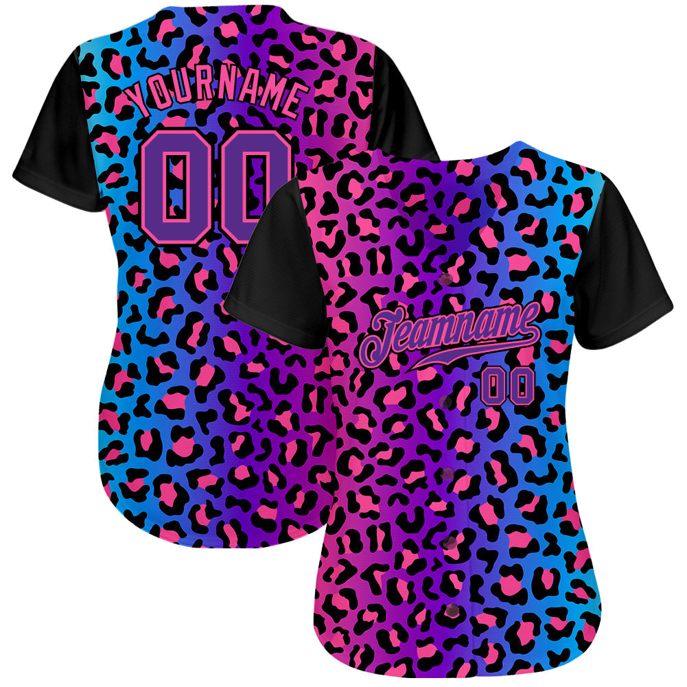 Custom Purple Purple-Pink 3D Pattern Design Leopard Authentic Baseball Jersey view 2