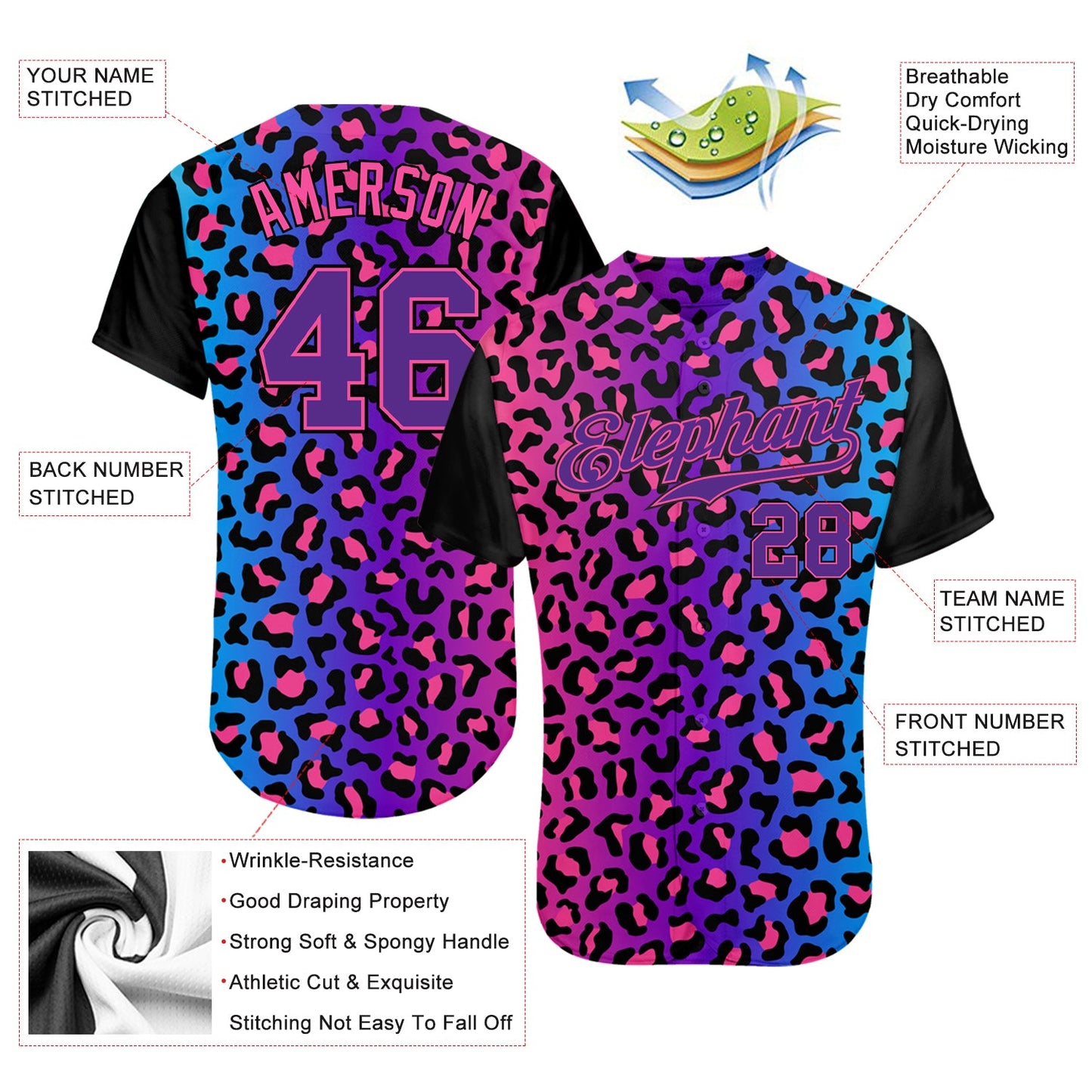 Custom Purple Purple-Pink 3D Pattern Design Leopard Authentic Baseball Jersey view 3