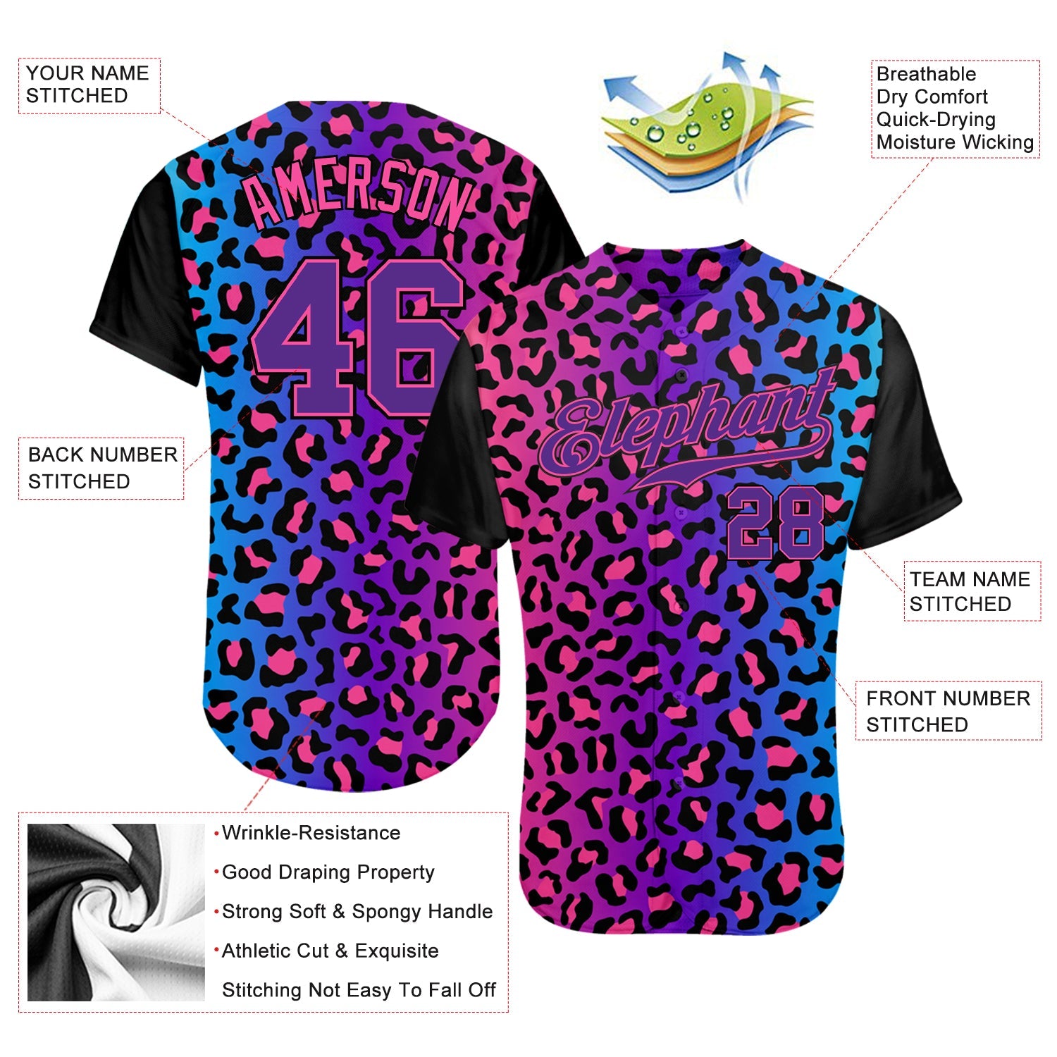 Custom Purple Purple-Pink 3D Pattern Design Leopard Authentic Baseball Jersey view 3