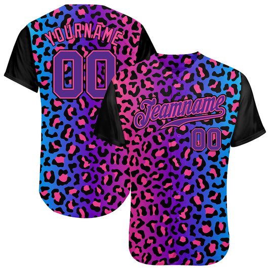 Custom Purple Purple-Pink 3D Pattern Design Leopard Authentic Baseball Jersey - Main View