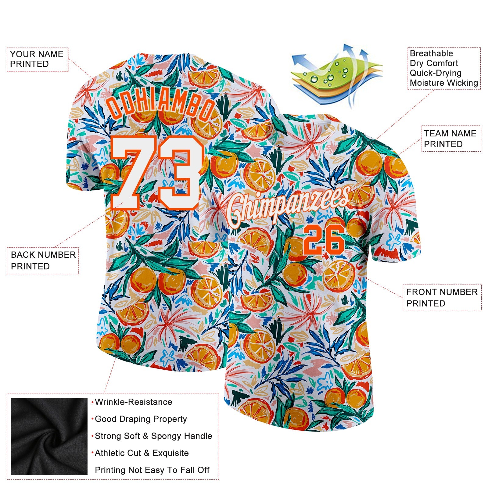 Custom White Orange 3D Pattern Design Fruit Performance T-Shirt view 2