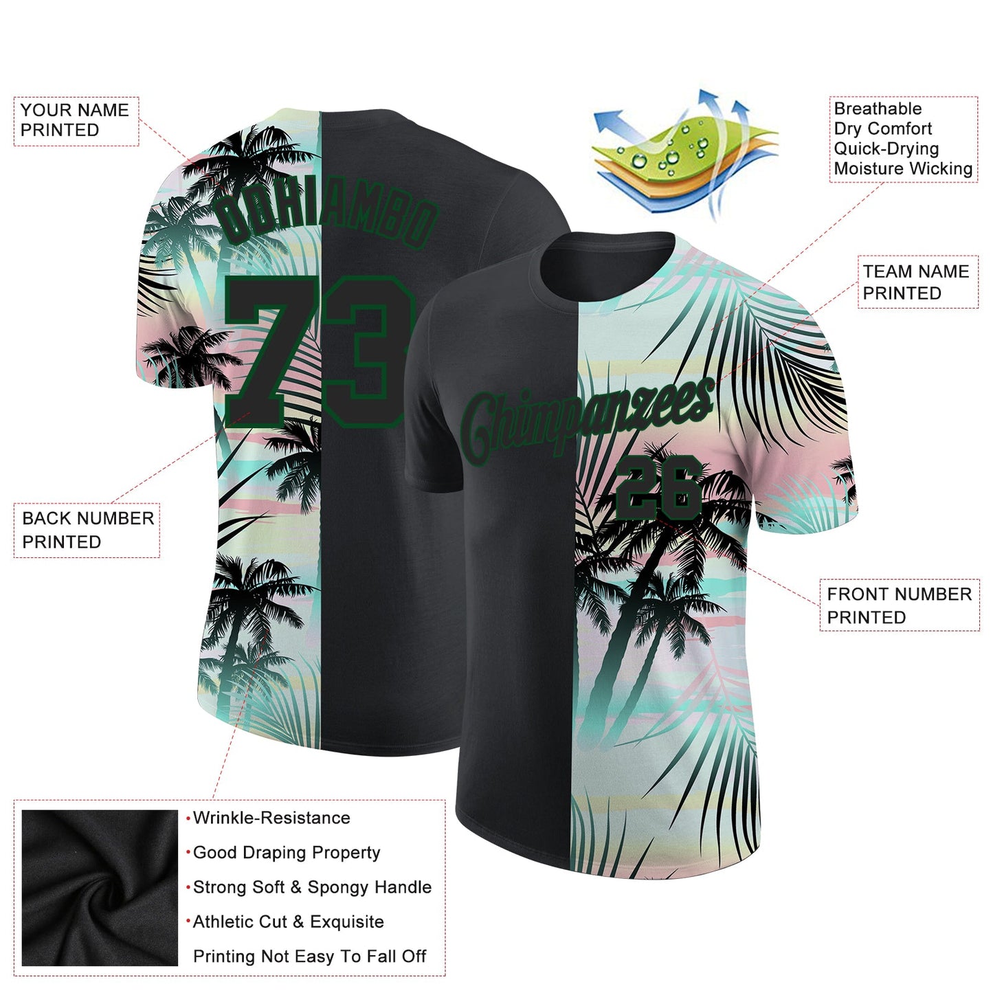 Custom 3D Pattern Design Tropical Hawaii Palm Leaves Performance T-Shirt view 2