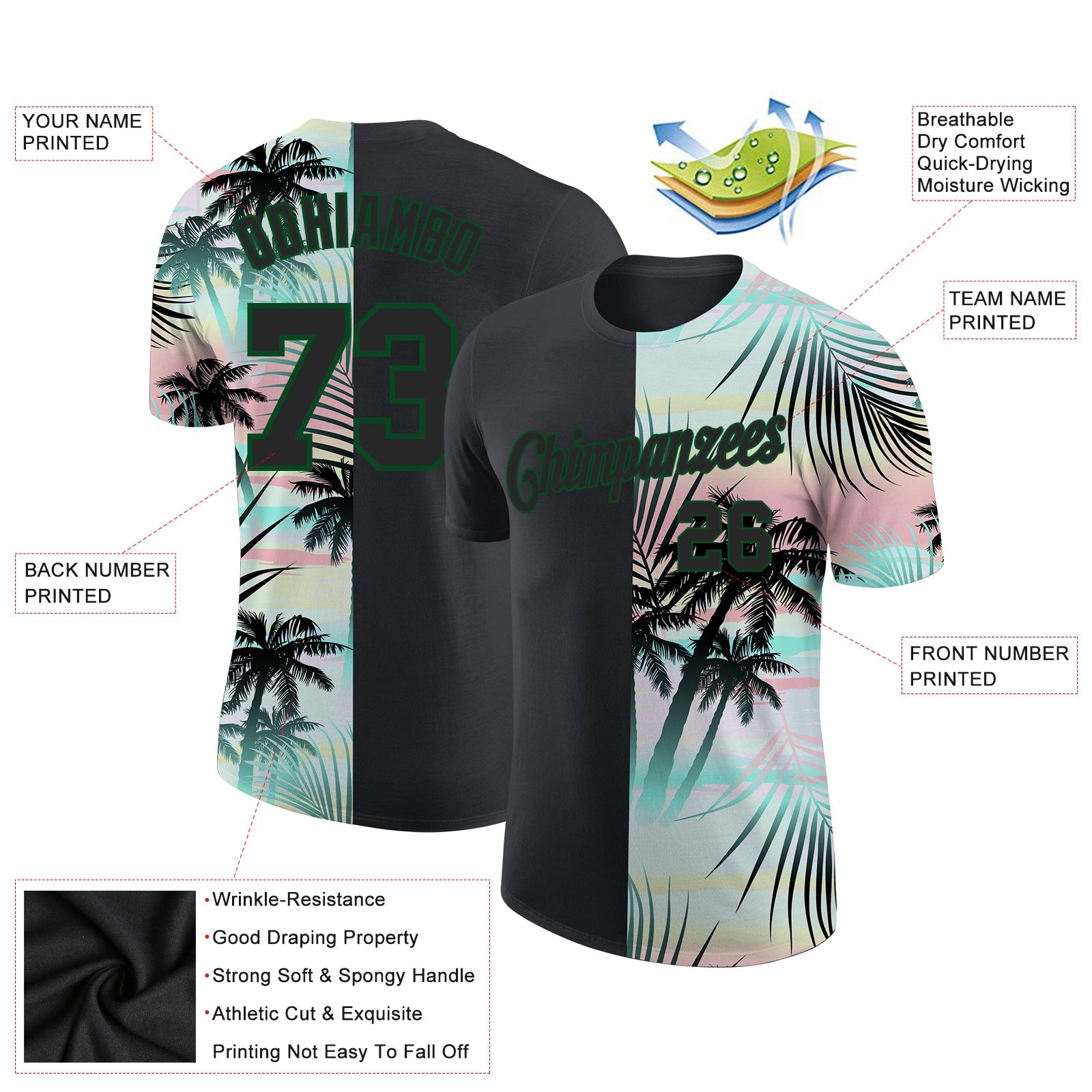 Custom 3D Pattern Design Tropical Hawaii Palm Leaves Performance T-Shirt view 2