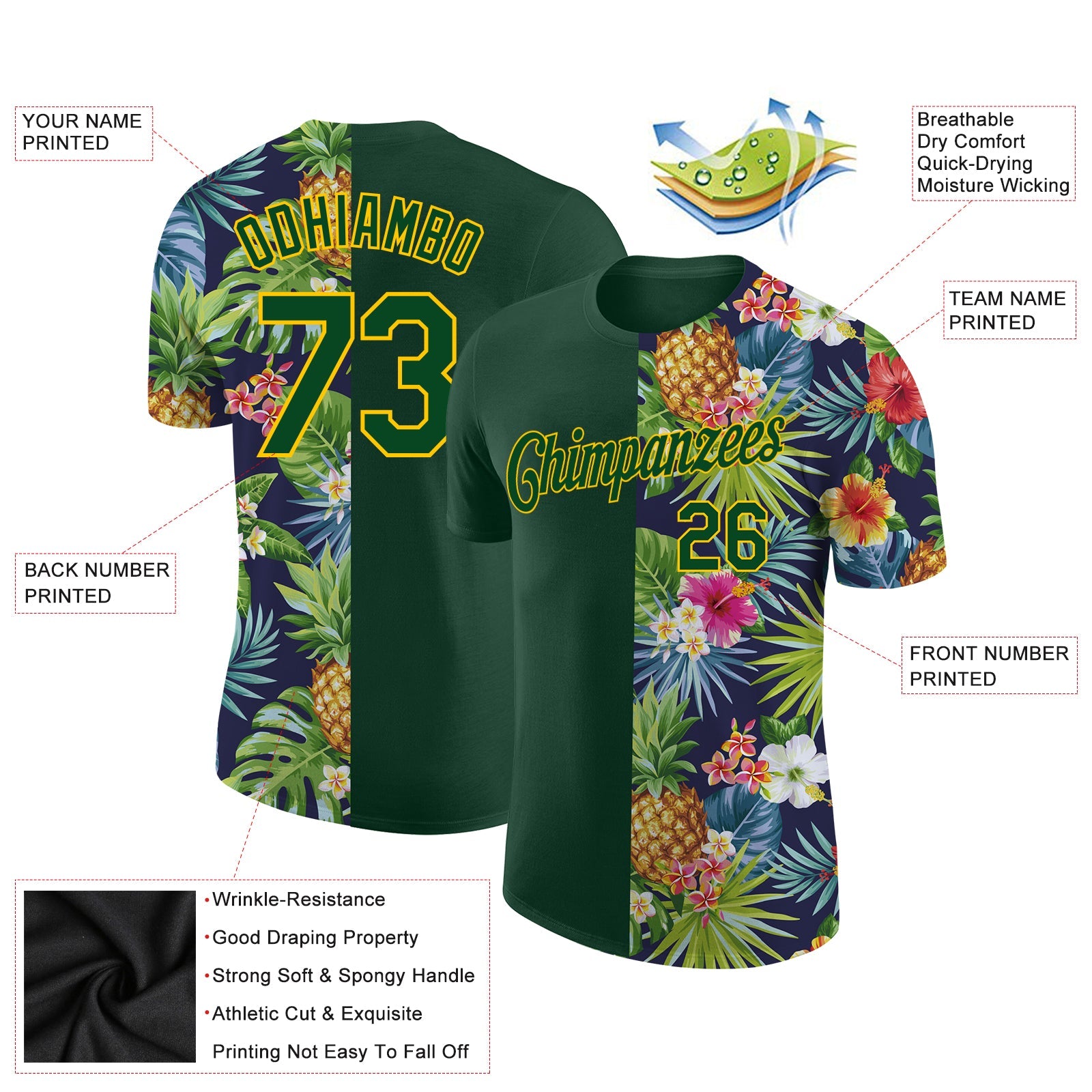 Custom 3D Pattern Design Tropical Pattern With Pineapples Palm Leaves And Flowers Performance T-Shirt view 2