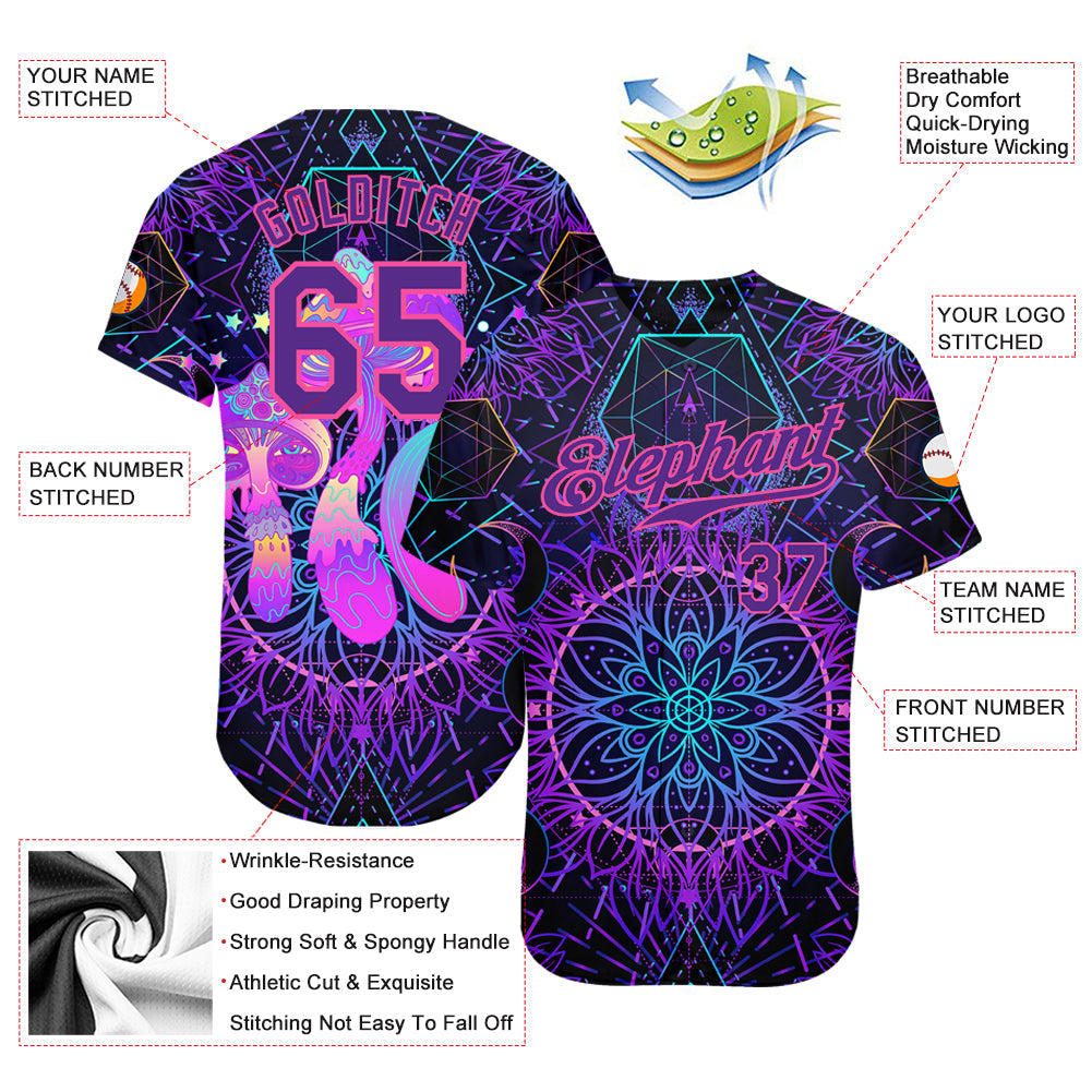 Custom 3D Pattern Design Magic Mushrooms Over Sacred Geometry Psychedelic Hallucination Authentic Baseball Jersey view 3