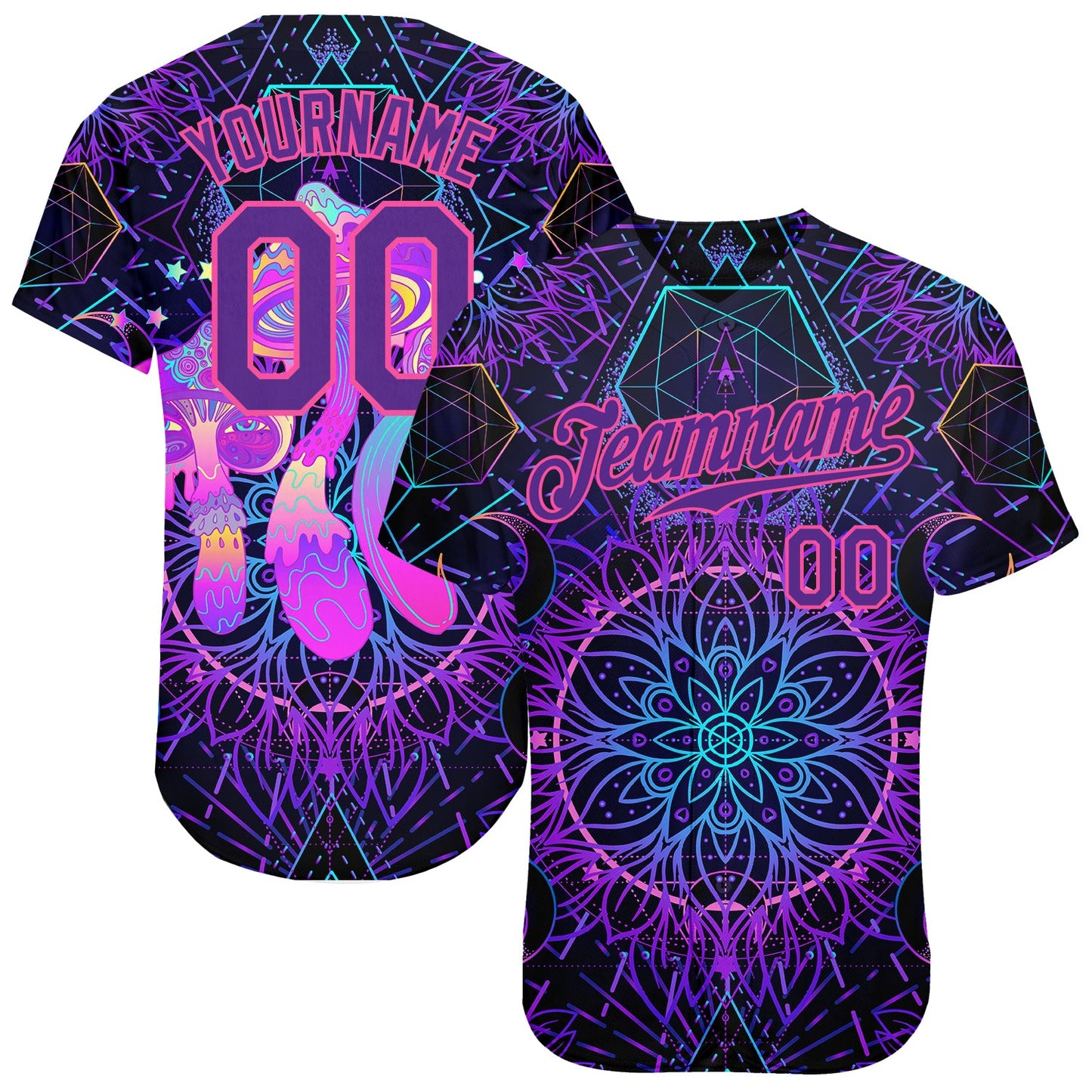 Custom 3D Pattern Design Magic Mushrooms Over Sacred Geometry Psychedelic Hallucination Authentic Baseball Jersey - Main View
