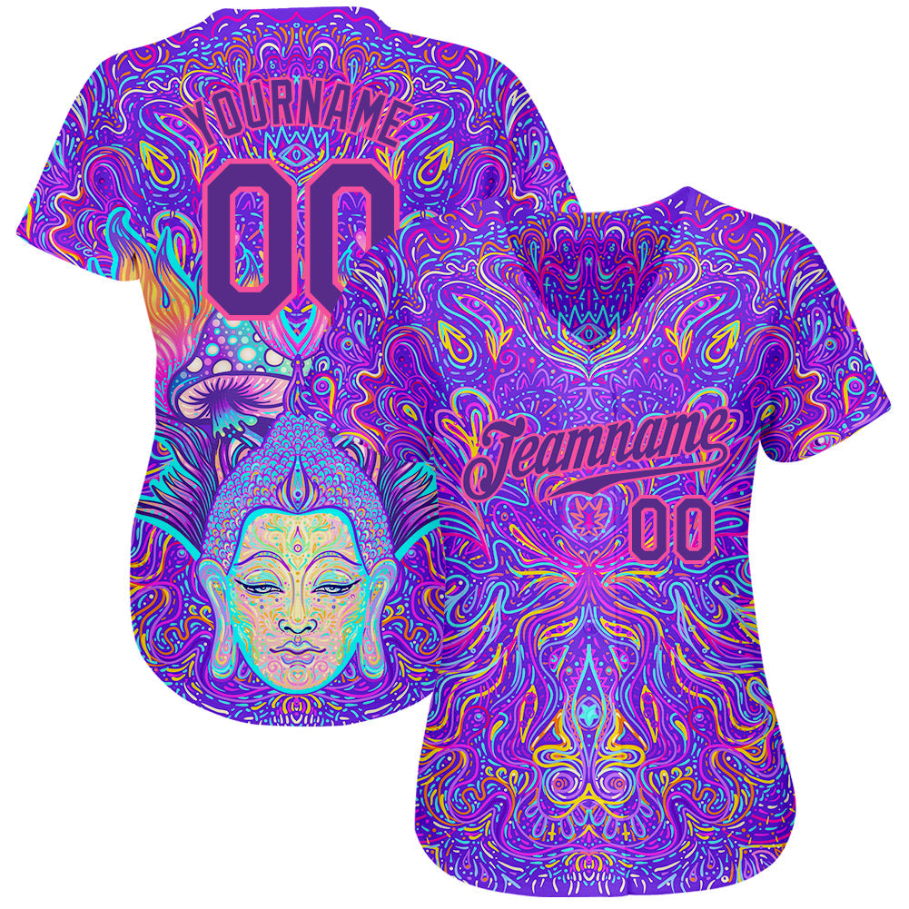 Custom 3D Pattern Design Sitting Buddha Over Colorful Neon Background Psychedelic Mushroom Composition Authentic Baseball Jersey view 2