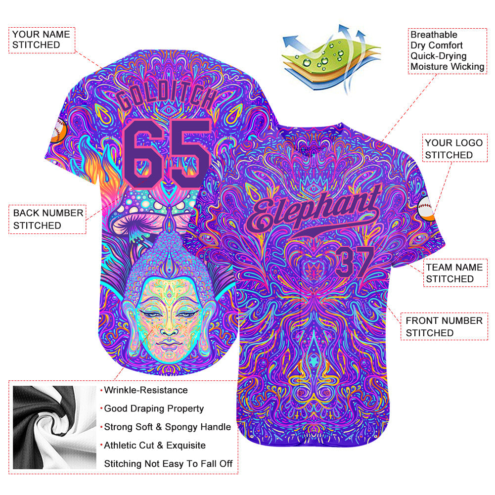 Custom 3D Pattern Design Sitting Buddha Over Colorful Neon Background Psychedelic Mushroom Composition Authentic Baseball Jersey view 3