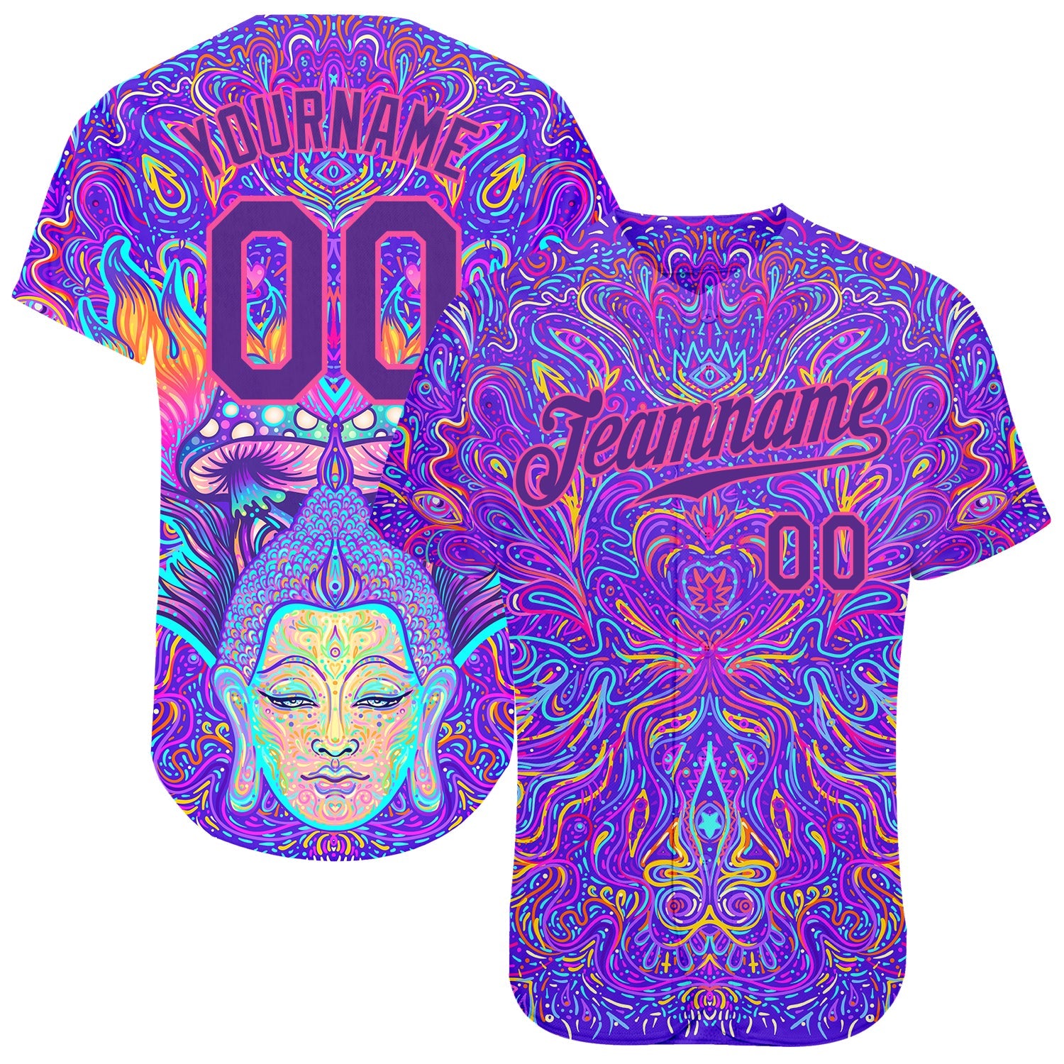 Custom 3D Pattern Design Sitting Buddha Over Colorful Neon Background Psychedelic Mushroom Composition Authentic Baseball Jersey - Main View