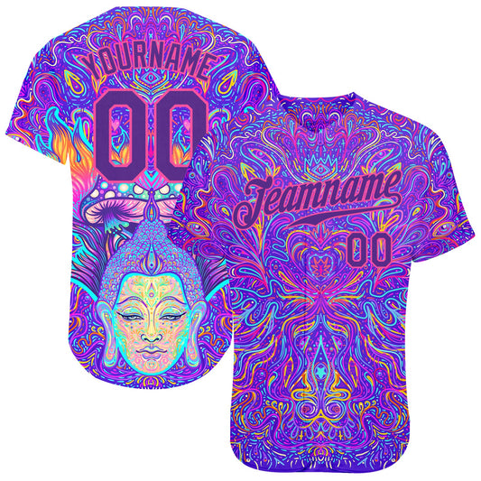 Custom 3D Pattern Design Sitting Buddha Over Colorful Neon Background Psychedelic Mushroom Composition Authentic Baseball Jersey - Main View