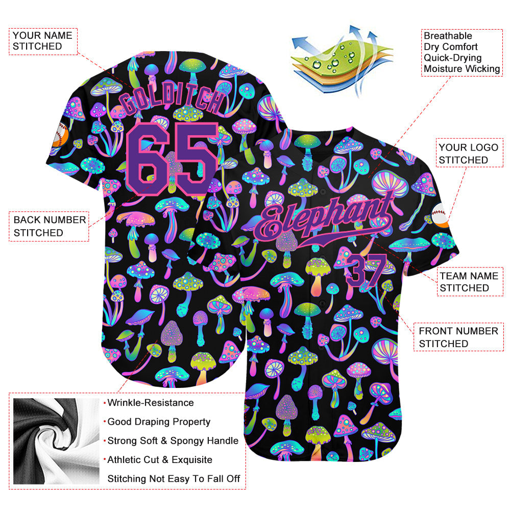 Custom 3D Pattern Design Magic Mushrooms Psychedelic Hallucination Authentic Baseball Jersey view 3