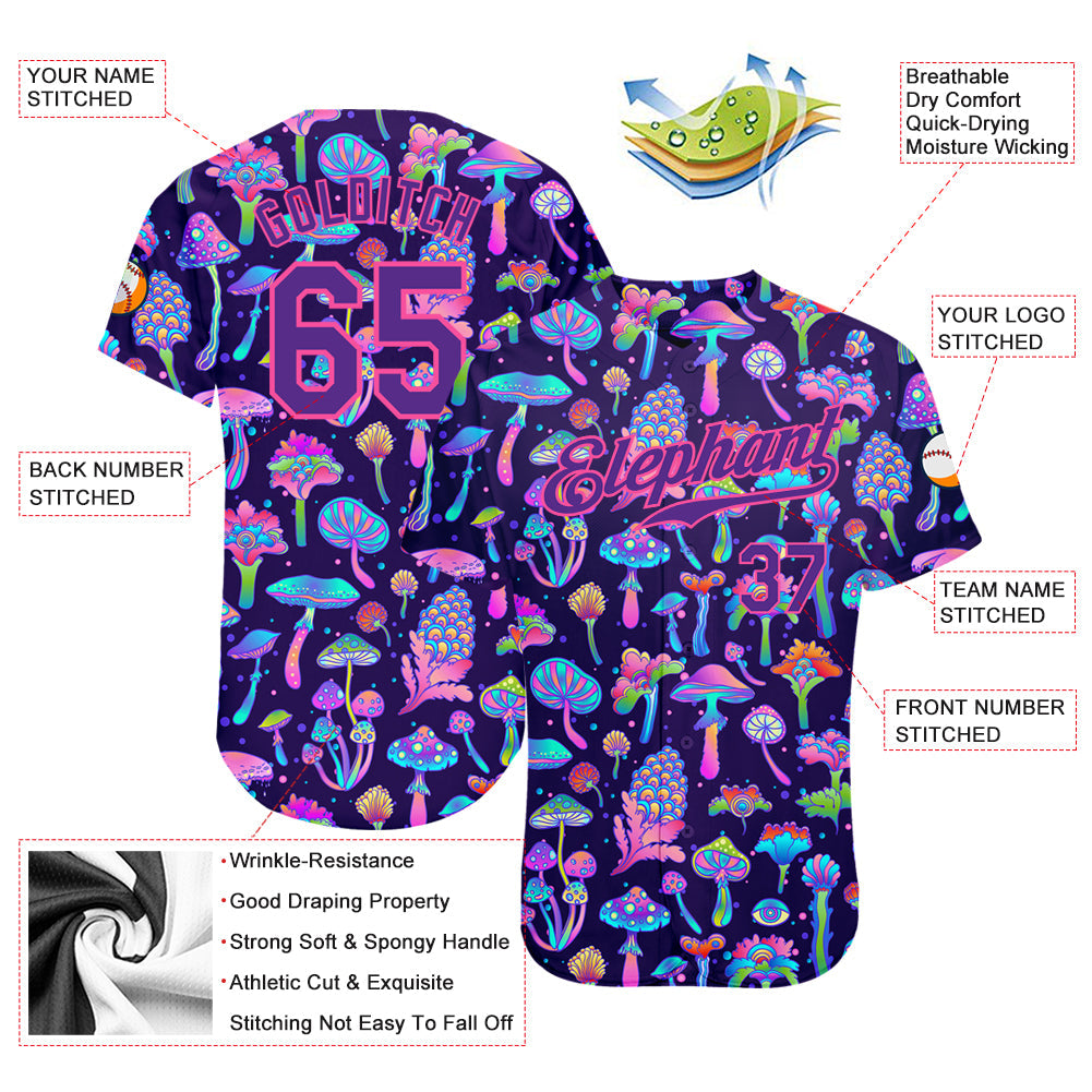 Custom 3D Pattern Design Colorful Flowers And Mushrooms Psychedelic Hallucination Authentic Baseball Jersey view 3