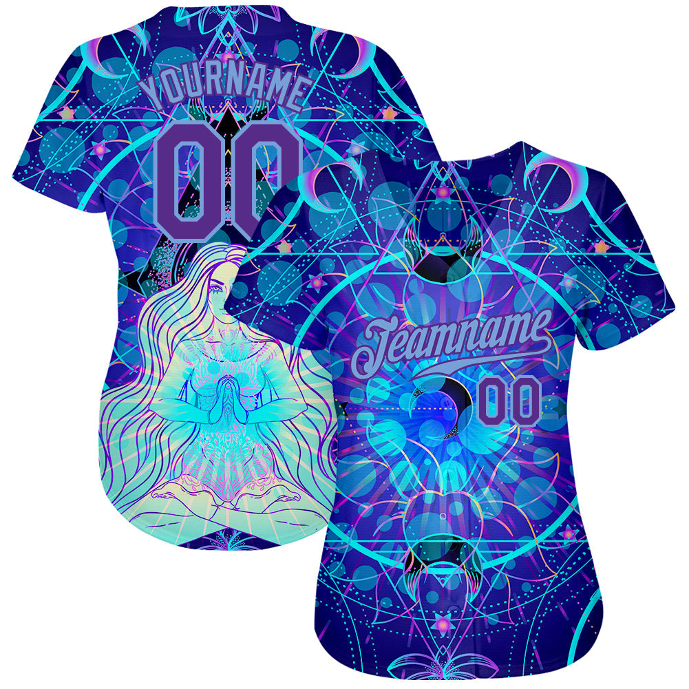 Custom 3D Pattern Design Magic Girl Sitting And Meditation In Lotus Position Over Geometry Psychedelic Hallucination Authentic Baseball Jersey view 2