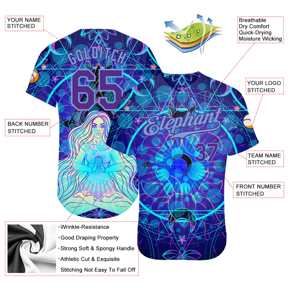 Custom 3D Pattern Design Magic Girl Sitting And Meditation In Lotus Position Over Geometry Psychedelic Hallucination Authentic Baseball Jersey view 3
