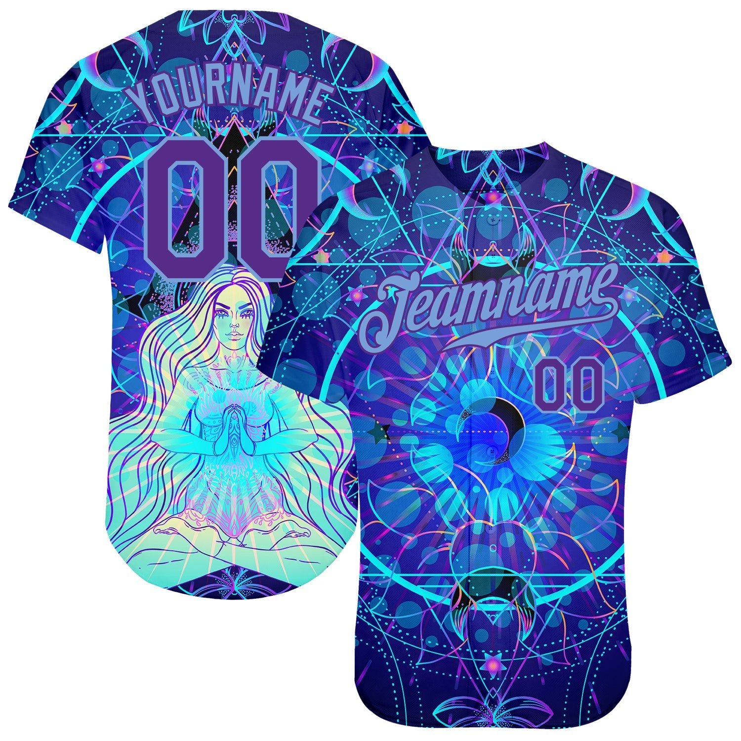 Custom 3D Pattern Design Magic Girl Sitting And Meditation In Lotus Position Over Geometry Psychedelic Hallucination Authentic Baseball Jersey - Main View