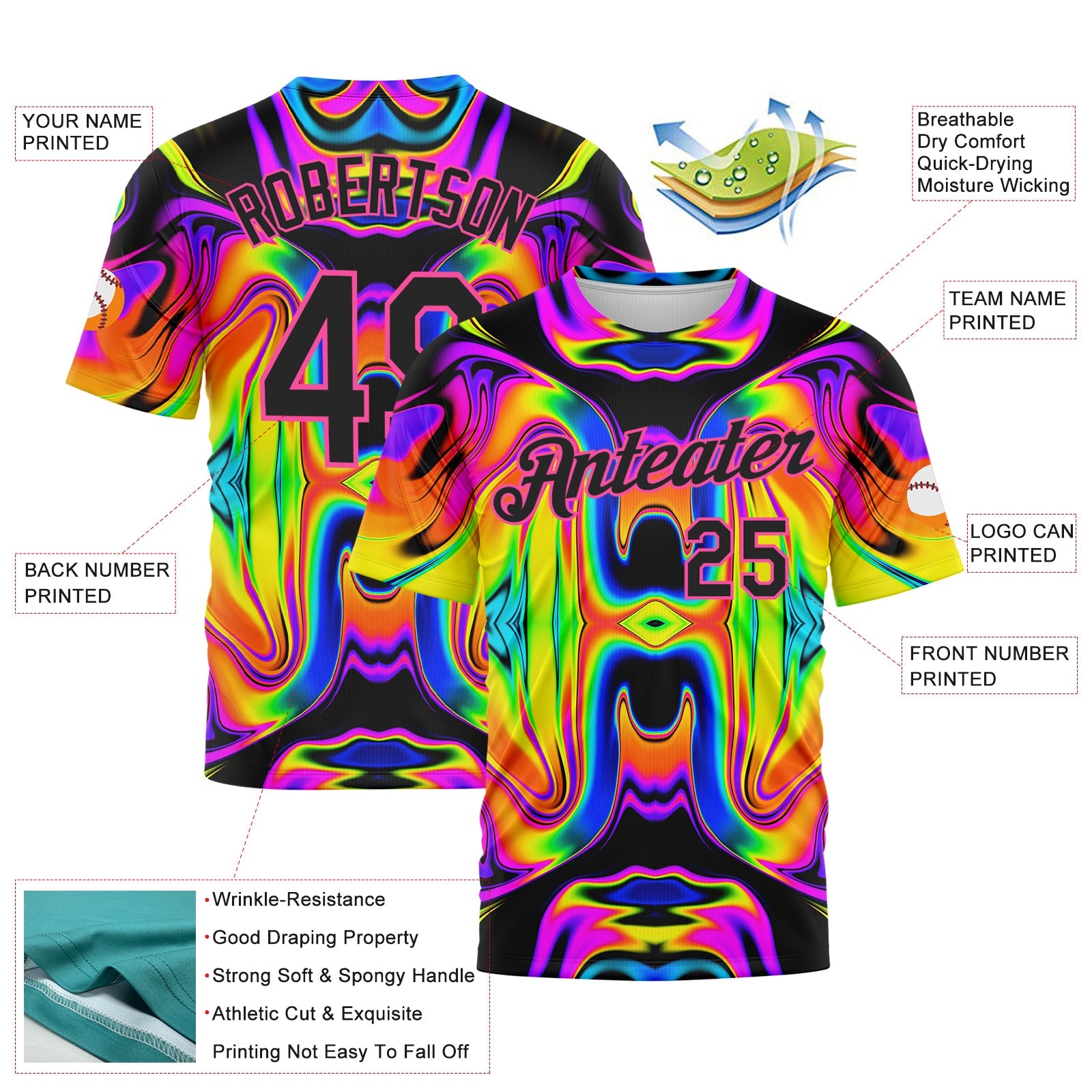 Custom 3D Pattern Design Abstract Iridescent Psychedelic Swirl Fluid Art Performance T-Shirt view 2