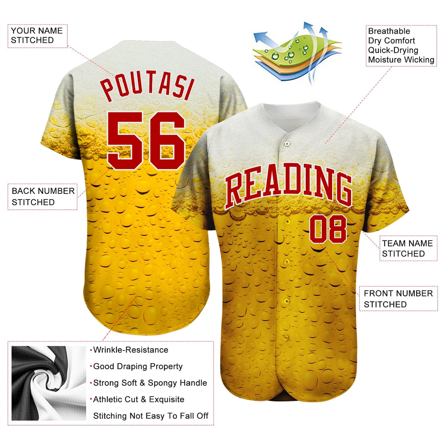 Custom 3D Pattern Design Bubble Of Beer In Glass Authentic Baseball Jersey view 3