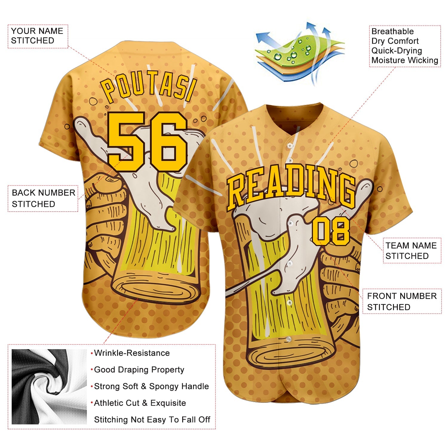 Custom 3D Pattern Design Let's Drink Authentic Baseball Jersey view 3