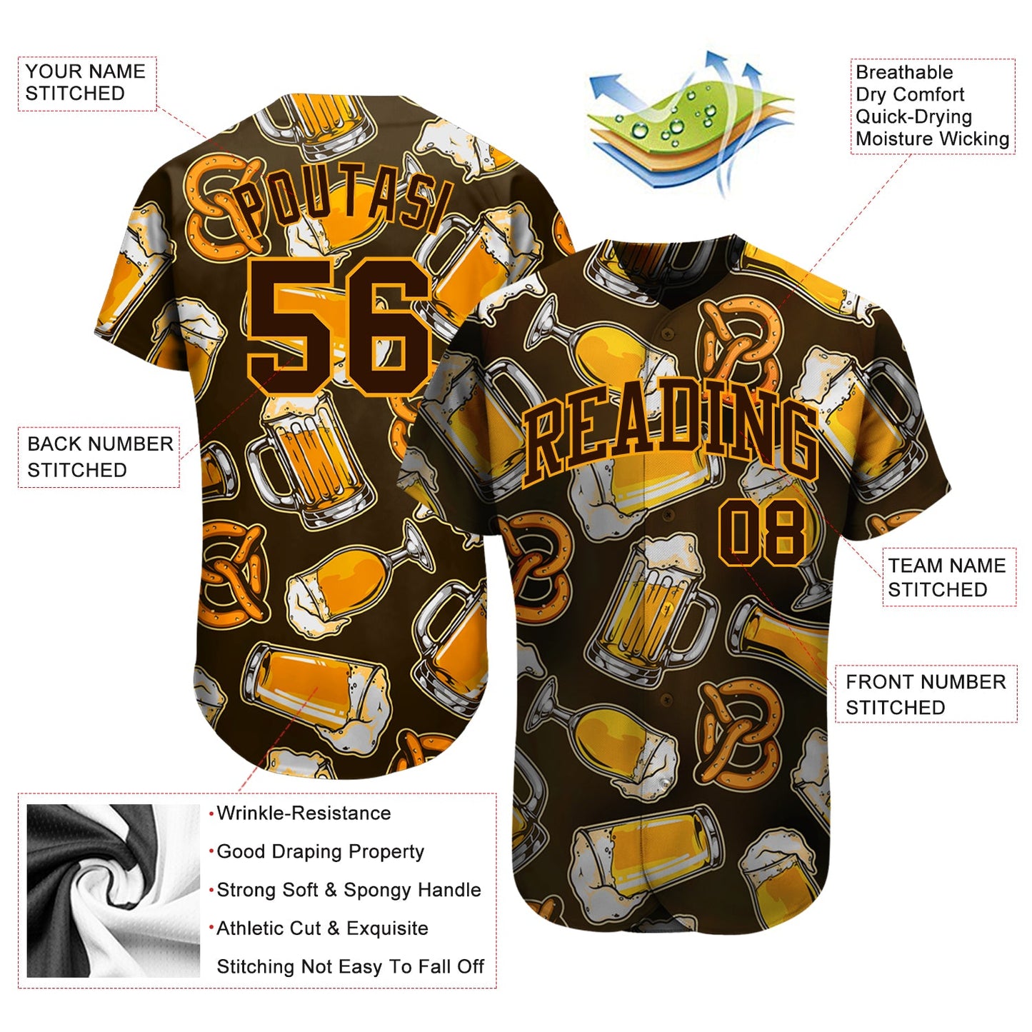 Custom 3D Pattern Design Beer Authentic Baseball Jersey view 3